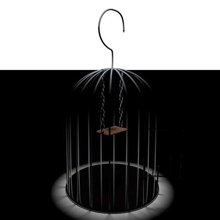 Open cage for birds over dark background, 3d renderの写真素材
