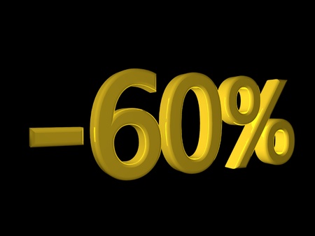 Discount percentage -60%, gold writing on black background, horizontal image, 3d render