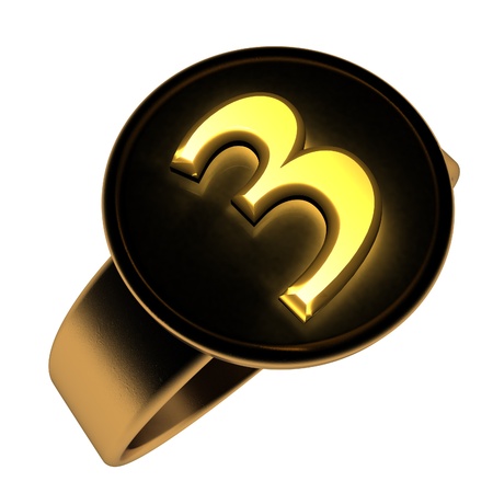 Number 3 over golden and black ring, 3d render, isolated over whiteの写真素材