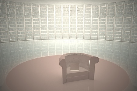 Great library with White leather armchair in center, 3d render, horizontal imageの写真素材