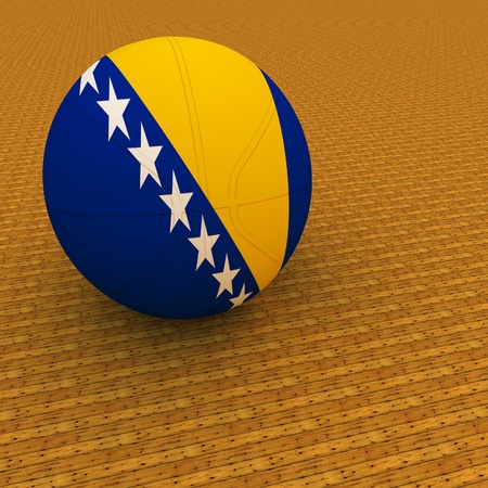 Bosnia Herzegovina flag on basketball, over parquet background, 3d render, square imageの写真素材