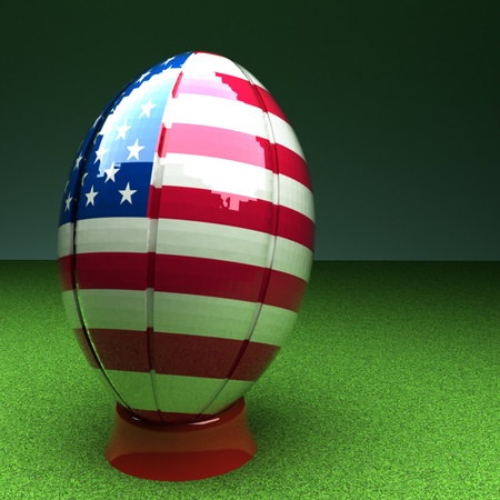 Rugby ball with USA flag over green grass field, 3d render, square imageの写真素材