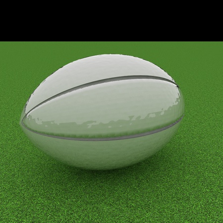 Rugby ball over green grass field, 3d render, square imageの写真素材