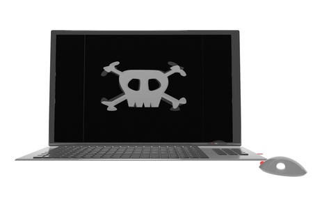 Pirate symbol over laptop, 3d render, horizontal imageの写真素材