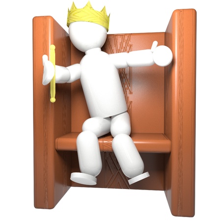 King with crown and sceptre in throne, isolated over white, 3d render, square image