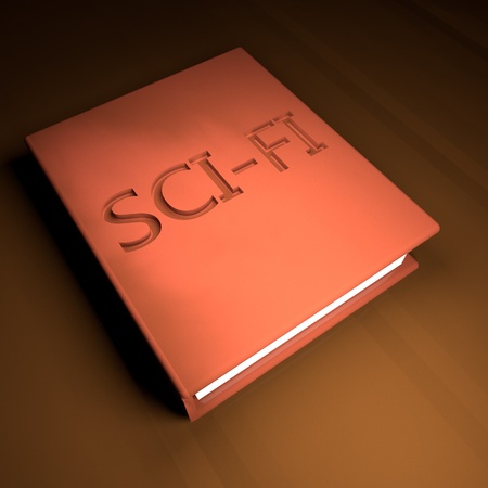 Sci-fi Book with leather cover, over wooden table, 3d render