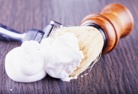 Foam, brush and razor, close up, horizontal imageの写真素材