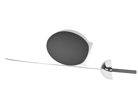 Fencing Mask and sword isolated over white, 3d render, square image