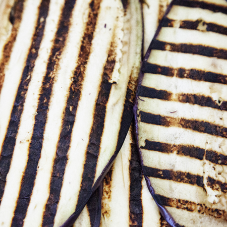 Grilled eggplants in close up, square imageの写真素材