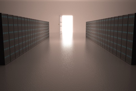 Server's room with door in the end, 3d rendering
