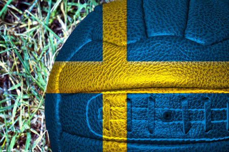 Sweden flag over vintage football, horizontal imageの写真素材