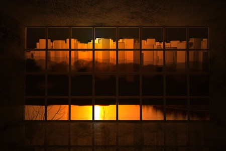 Empty room with big window, image of sunset, 3d rendering