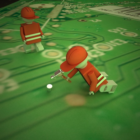 Worker puppets on a computer motherboard, 3d renderingの写真素材