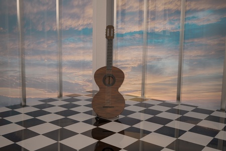 Guitar standing in elegant room, 3d renderingの写真素材