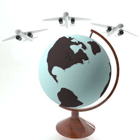 Airplanes over globe over white background, 3d renderingの写真素材