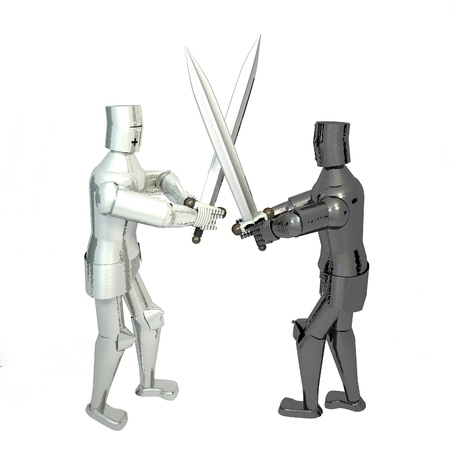 Middle age soldiers in different color armor fronting each other, 3d renderingの写真素材