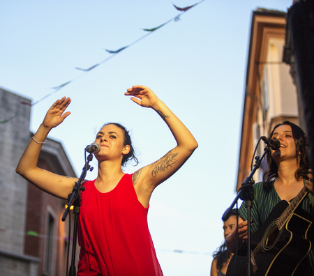 JUNE 24, 2018 - NIZZA MONFERRATO (ITALY): at free festival "Fans Out" in Nizza Monferrato, band Saber SystÃ¨me performingのeditorial素材