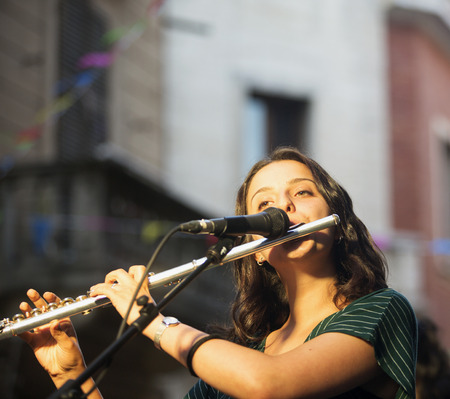 JUNE 24, 2018 - NIZZA MONFERRATO (ITALY): at free festival "Fans Out" in Nizza Monferrato, band Saber SystÃ¨me performingのeditorial素材