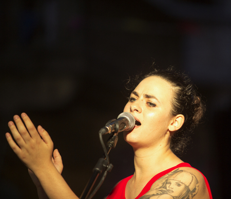 JUNE 24, 2018 - NIZZA MONFERRATO (ITALY): at free festival "Fans Out" in Nizza Monferrato, band Saber SystÃ¨me performingのeditorial素材