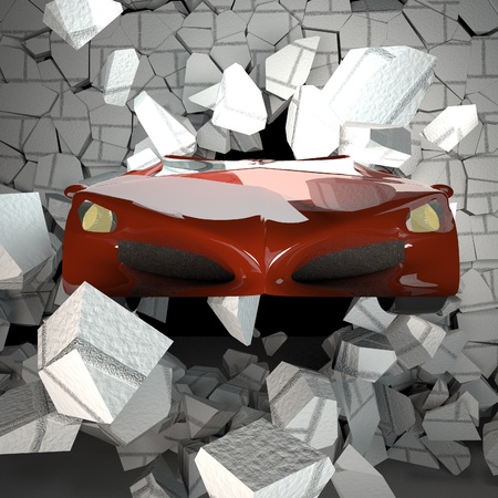 Car breaking a brick wall, 3d renderingの写真素材