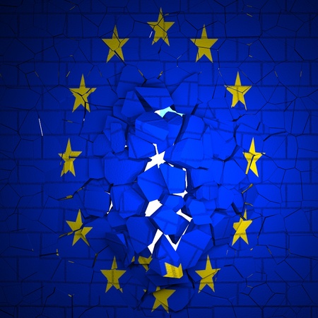 Brick wall with EU flag breaking in ruins, 3d rendering