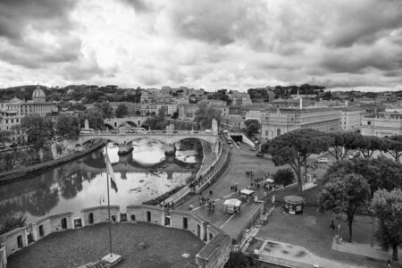 Black and white view of Rome under cloudy sky, horizontal imageの写真素材