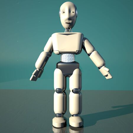 Standing antropomorphic robot over green background, 3d renderingの写真素材