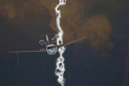 Jet airplane in cloudy and rainy sky with thundebolt, 3d renderingの写真素材