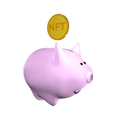 Piggy bank with golden nft token, 3d renderingの写真素材