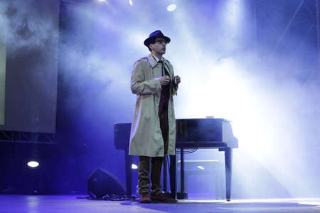 SEPTEMBER 5, 2021 - GENOA, ITALY: Italian comedian Valerio Lundini performs live at the Arena del Mare in Genoaのeditorial素材