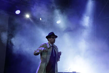 SEPTEMBER 5, 2021 - GENOA, ITALY: Italian comedian Valerio Lundini performs live at the Arena del Mare in Genoaのeditorial素材