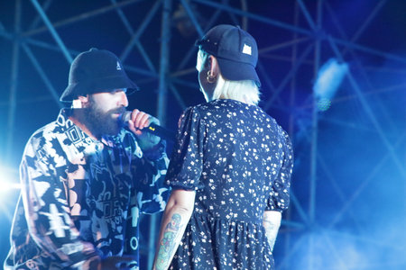 SEPTEMBER 2, 2021 - GENOA, ITALY: Italian band Coma Cose play live at Arena del Mare di Porto Antico in Genoa, Italy for Goa-Boa Festival 2021のeditorial素材