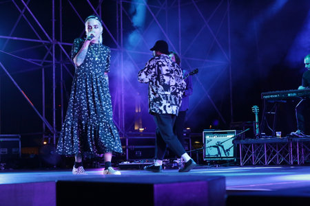 SEPTEMBER 2, 2021 - GENOA, ITALY: Italian band Coma Cose play live at Arena del Mare di Porto Antico in Genoa, Italy for Goa-Boa Festival 2021のeditorial素材