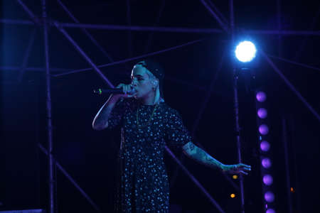 SEPTEMBER 2, 2021 - GENOA, ITALY: Italian band Coma Cose play live at Arena del Mare di Porto Antico in Genoa, Italy for Goa-Boa Festival 2021のeditorial素材