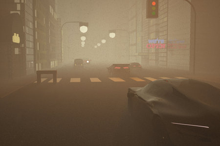 Foggy urban view with cars and buildings, 3d renderingの写真素材