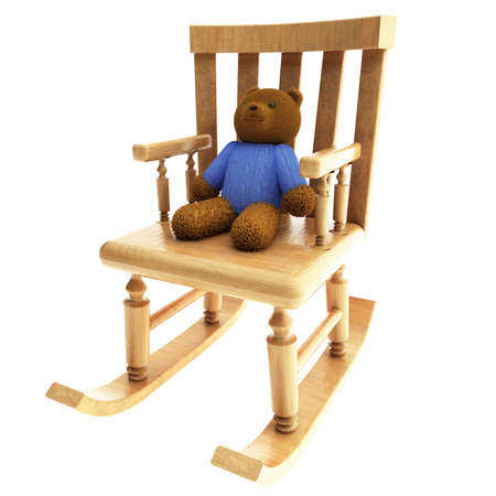 Toy bear sitting on a rocking chair, 3d rendering isolated over whiteの写真素材