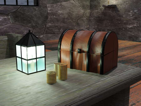 Old trunk with lantern and money, 3d renderingの写真素材