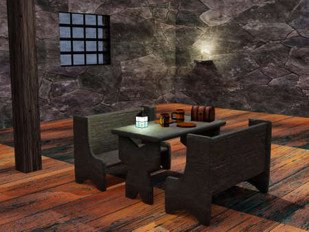 Old tavern with table and trunk, 3d renderingの写真素材