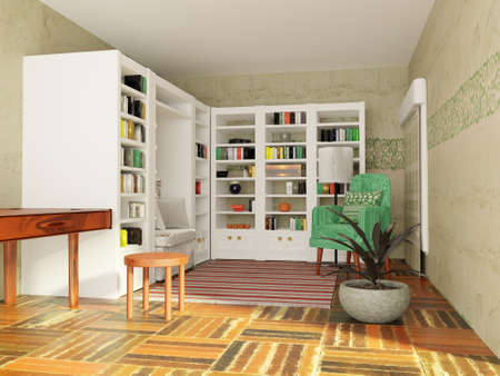 Inside a room with libraries, 3d renderingの写真素材