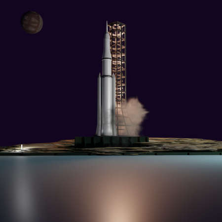 Missile starting from launch pad, 3d renderingの写真素材