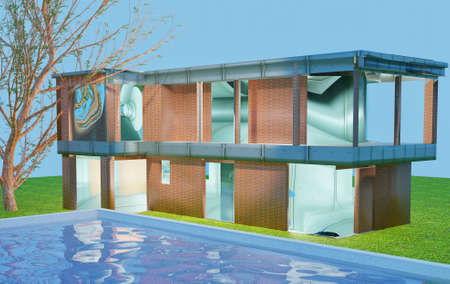 House with pool over blue sky, 3d renderingの写真素材