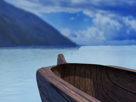 Wooden ship with island on the horizon, 3d renderingの写真素材