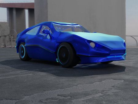 Blue car over asphalt road, 3d renderingの写真素材