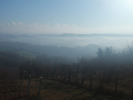 Foggy landscape of hills under blue sky, landscape viewの写真素材
