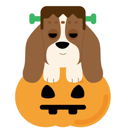 Cute cartoon dog with a pumpkin for Halloween. Vector illustration.のイラスト素材