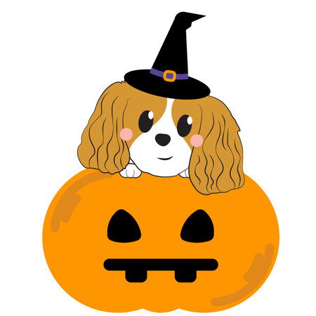 Cavalier King Charles Spaniel with Witch Hat and Jack O' Lanternのイラスト素材