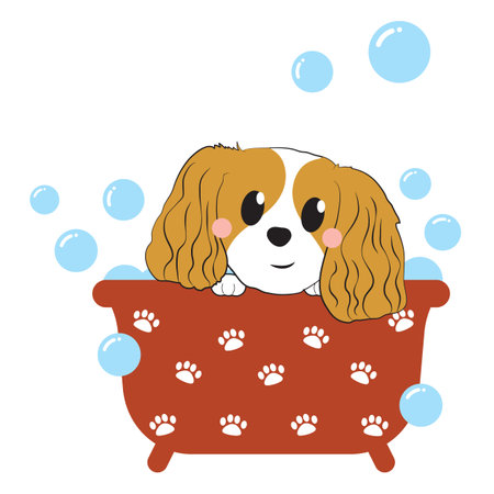 Cute cartoon cavalier king charles spaniel taking a bath. Vector illustration.のイラスト素材