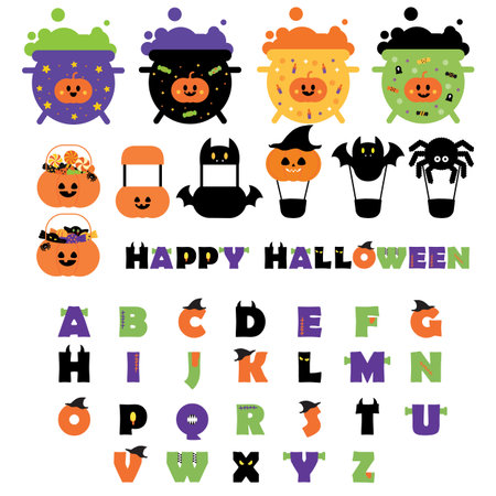 Halloween alphabet and numbers set. Cute cartoon vector illustration.のイラスト素材