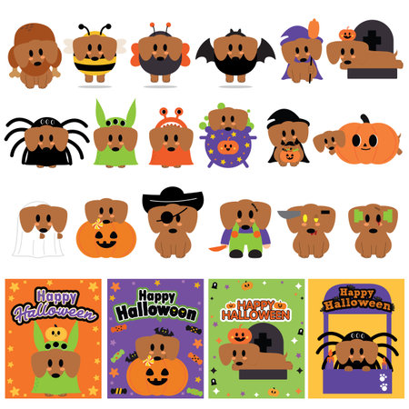 Set of cute cartoon halloween characters and icons. Vector illustrationのイラスト素材