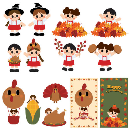 Cute cartoon little boy and girl with autumn leaves. Vector illustration.のイラスト素材